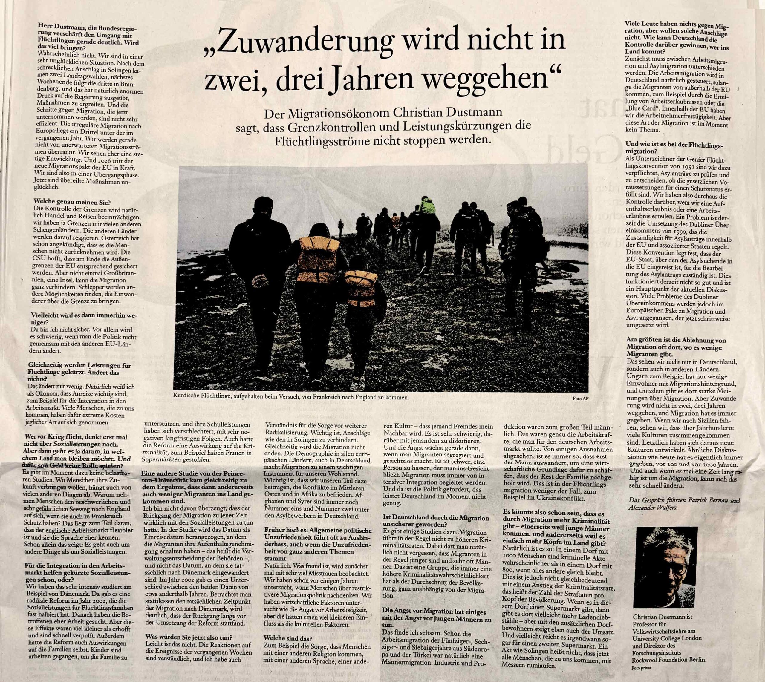 Frankfurter Allgemeine Zeitung Features an Interview with our Director Christian Dustmann on Migration Policy